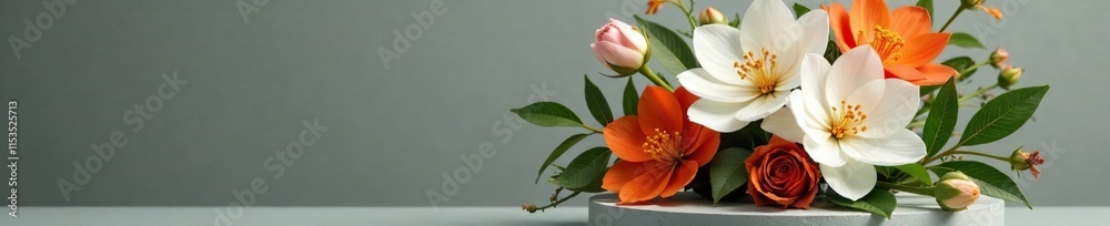 Fototapeta premium Bold white and orange flower arrangement on a pedestal, flowers, modern