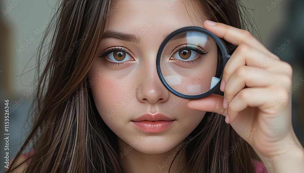 Close-up portrait of a young woman holding a magnifying glass Close-up portrait of a young woman holding a magnifying glass