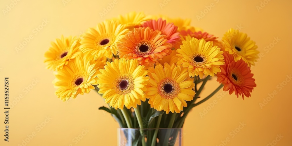 Fototapeta premium A vibrant vase filled with golden gerberas showcases the beauty of these stunning Asteraceae flowers, creating a cheerful and eye catching display of golden gerberas in any setting.