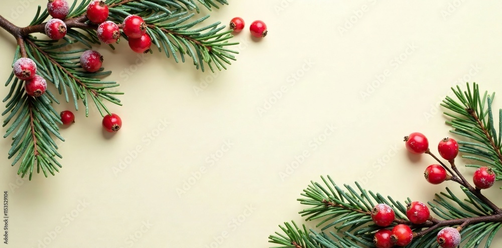Decorative festive pine branches with red berries on a cream-colored background, frosted branches, cream background Decorative festive pine branches with red berries on a cream-colored background, frosted branches, cream background