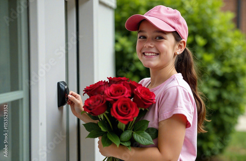 Delivery of a romantic bouquet to a happy recipient at home