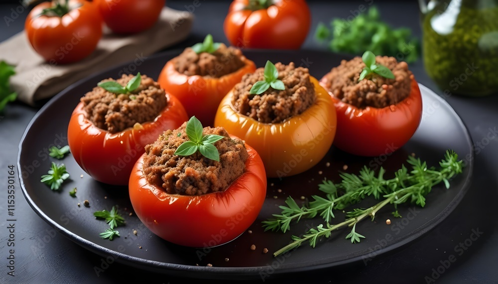 Stuffed tomatoes with ground meat and herbs, served on a dark plate with a blurred green background Stuffed tomatoes with ground meat and herbs, served on a dark plate with a blurred green background