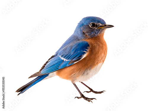 a blue bird standing on a white background photo