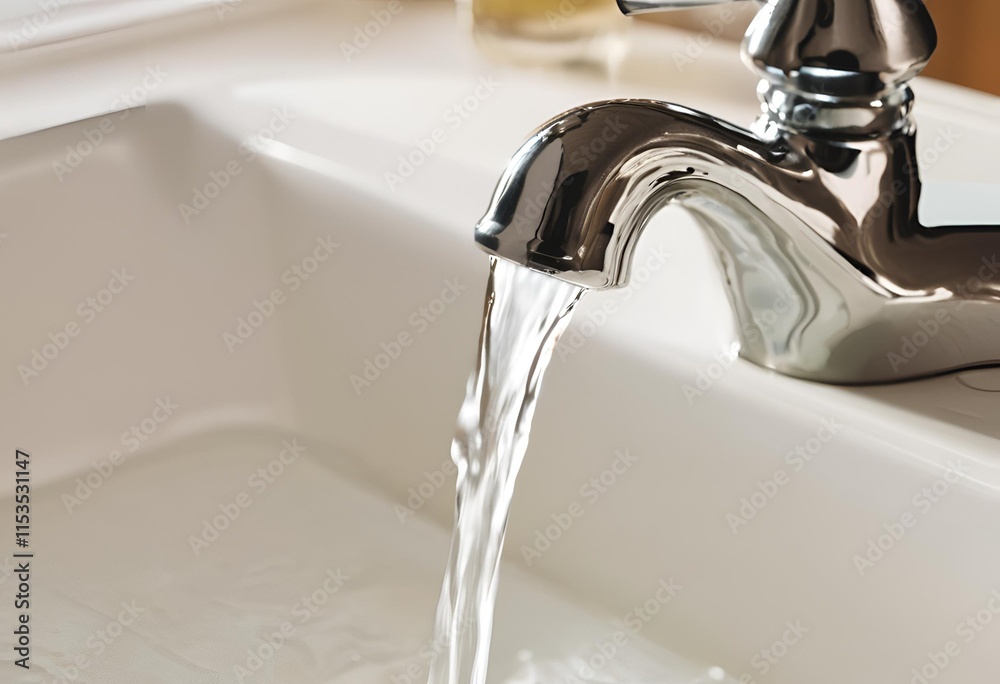 Water flows steadily from the faucet, creating a gentle stream into the sink or container.
Water flows steadily from the faucet, creating a gentle stream into the sink or container.