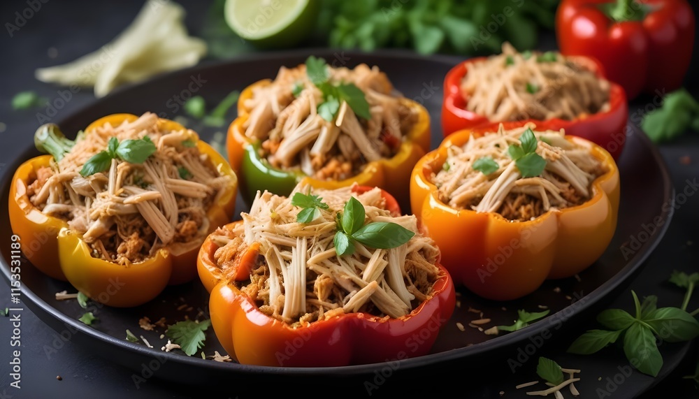 Stuffed peppers with shredded chicken and herbs , served on a dark plate with a blurred green background Stuffed peppers with shredded chicken and herbs , served on a dark plate with a blurred green background