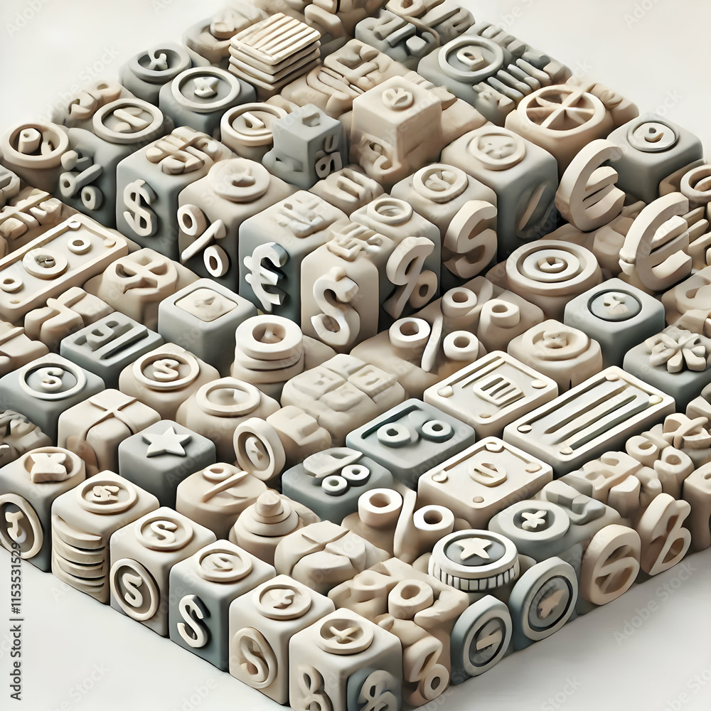 3D Minimalist Tile Pattern with Interlocking Currency Discount Icons Background 3D Minimalist Tile Pattern with Interlocking Currency Discount Icons Background