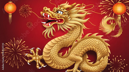 Wallpaper Mural A golden dragon with a flowing mane and whiskers against a red background with Chinese New Year text, Chinese New Year 2025, banner, and poster, created with generative ai Torontodigital.ca