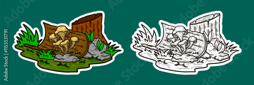 Tree Stump and Mushroom Doodle Sticker Illustration