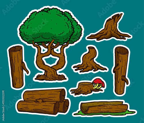 Set of Tree and Grass Doodle Sticker Illustration