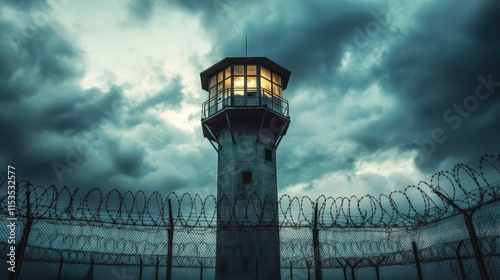 A photo of the tall watchtower at the Serif Architecture Prison in California, surrounded by a barbed wire fence and mountains with clouds in the background. The base is located near Lake Elsinore.