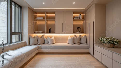 A modern minimalist living room with seamless cabinetry  a neutral palette  and cozy oversized seating
