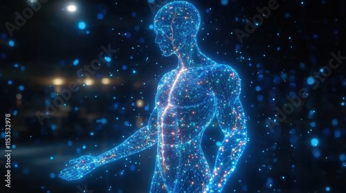 Glowing Human Silhouette Representing Digital Body and Advanced Technology in a Futuristic Setting Full of Light Particles and Electric Energy Flow