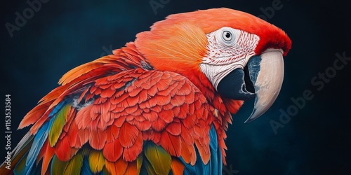 Elderly Scarlet Macaw parrot showcasing ruffled feathers while gazing directly at the viewer, embodying the intriguing characteristics of an old bird in a vivid display. photo