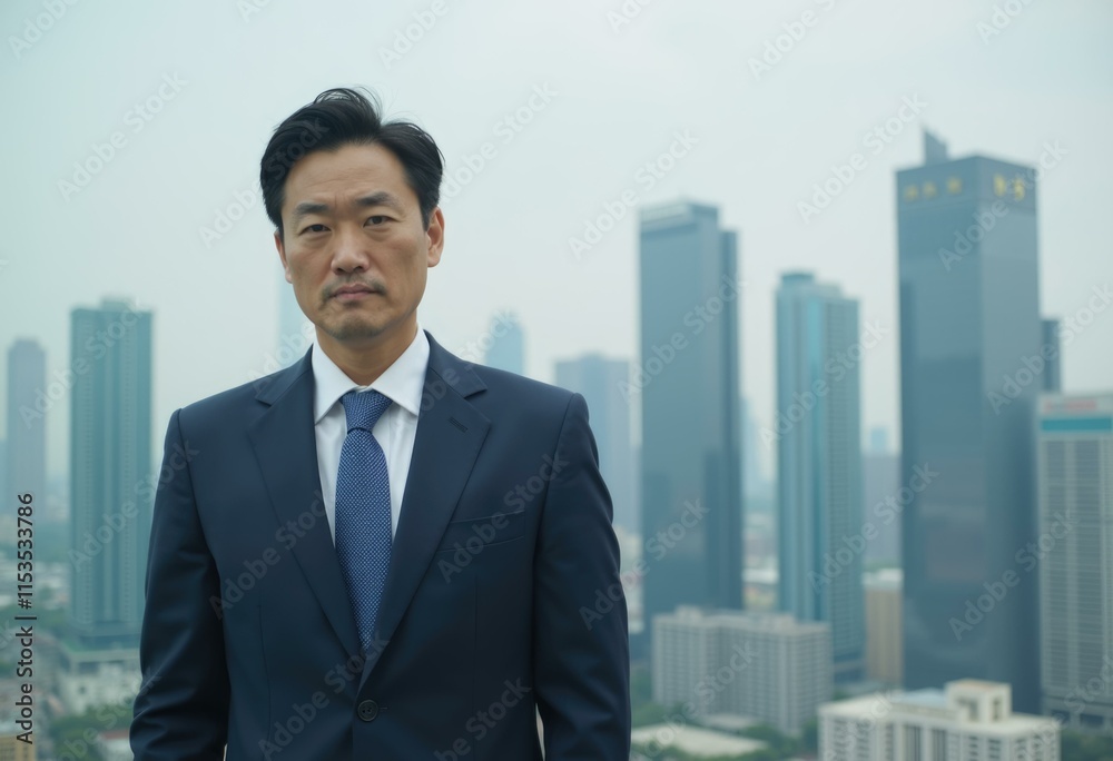 A businessman in a suit stands confidently against a backdrop of a city skyline. A businessman in a suit stands confidently against a backdrop of a city skyline.