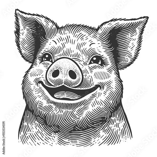 happy, smiling pig with expressive facial features, textured lines, and large ears sketch engraving generative ai vector illustration. Scratch board imitation. Black and white image.