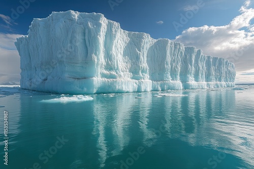 Melting glaciers and icebergs reflect in serene Arctic waters under a clear sky photo