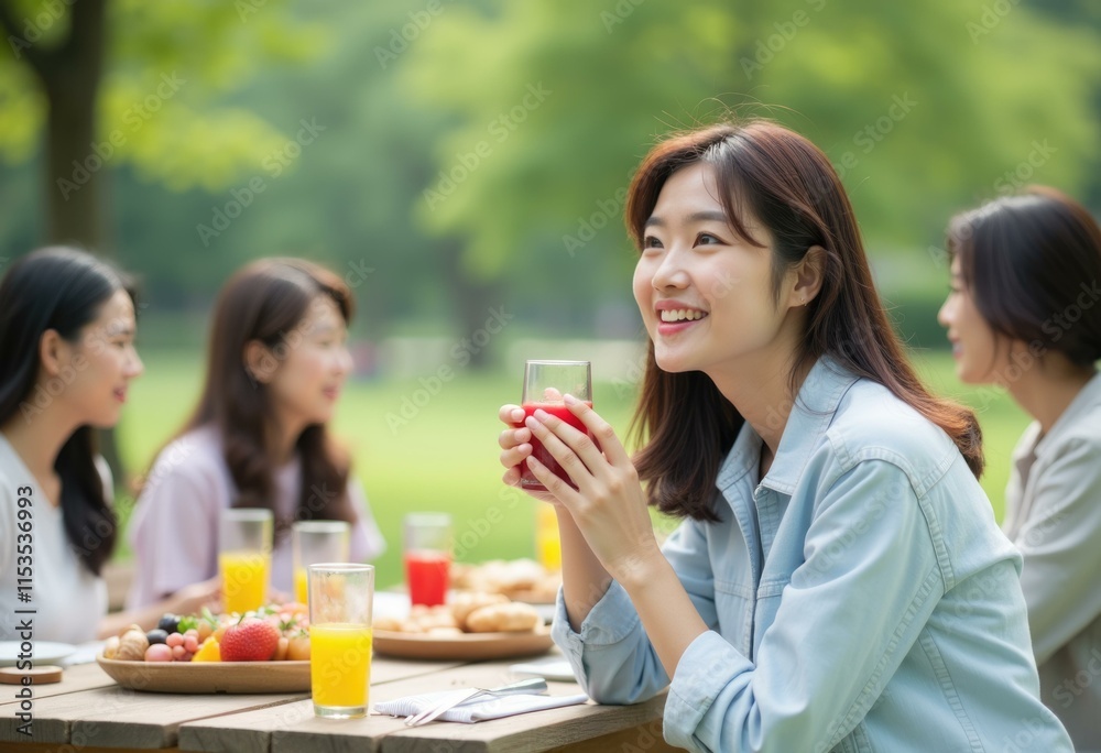 A group of young women enjoying a picnic lunch outdoors, one woman is smiling and holding a glass of juice. A group of young women enjoying a picnic lunch outdoors, one woman is smiling and holding a glass of juice.