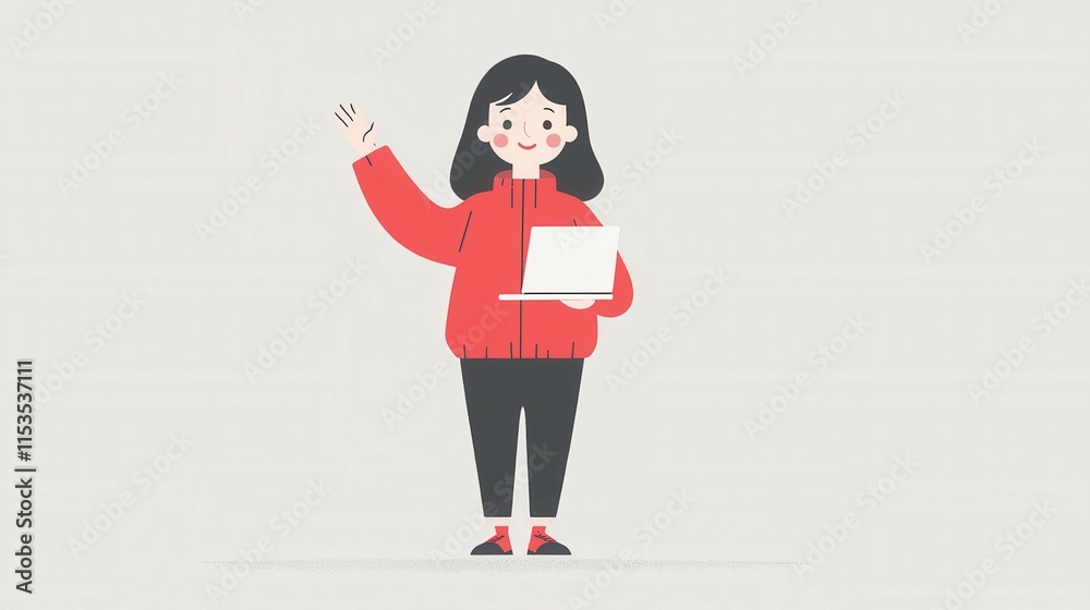 Cheerful Cartoon Character with Laptop Waving for Online Communication Concept Cheerful Cartoon Character with Laptop Waving for Online Communication Concept