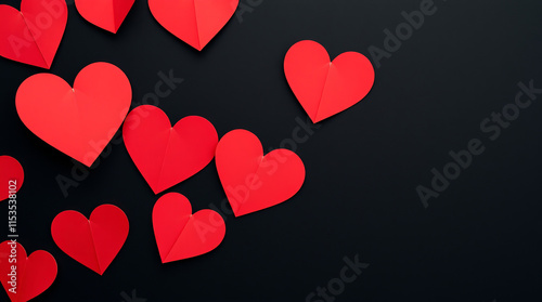 Red hearts background, paper cut romantic concept, top view. Beautiful cute hearts on pastel pink table flat lay composition. Valentines Day greeting card concept. Mothers Day anniversary design.
