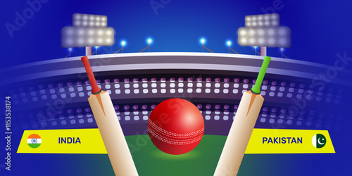 India vs pakistan cricket match concept with batsman bat and red ball on stadium background