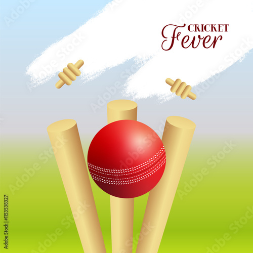 Red Ball hitting the wicket stumps for cricket fever concept.