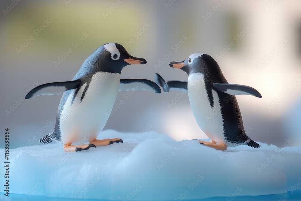 Fototapeta premium Penguins engaging in playful pushing on an iceberg in chilly waters