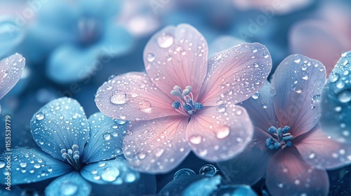 A close-up view of stunning blue and pink flowers adorned with dew drops, showcasing their delicate petals and beauty in nature. photo