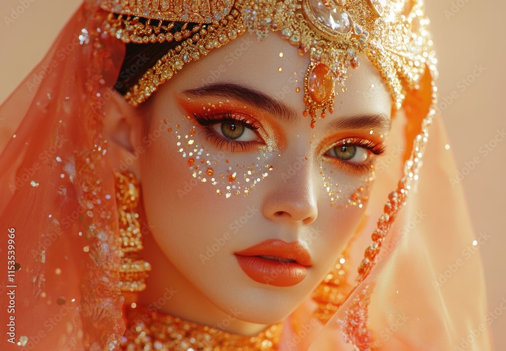 An elegant and beautiful Asian woman in an Indian wedding dress, with full makeup, wearing gold jewelry on her head and neck An elegant and beautiful Asian woman in an Indian wedding dress, with full makeup, wearing gold jewelry on her head and neck