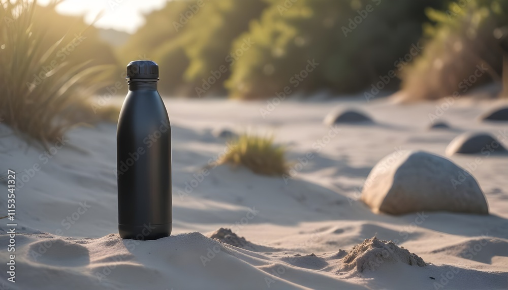 plain blank A black metal water bottle on a sandy plain blank A black metal water bottle on a sandy