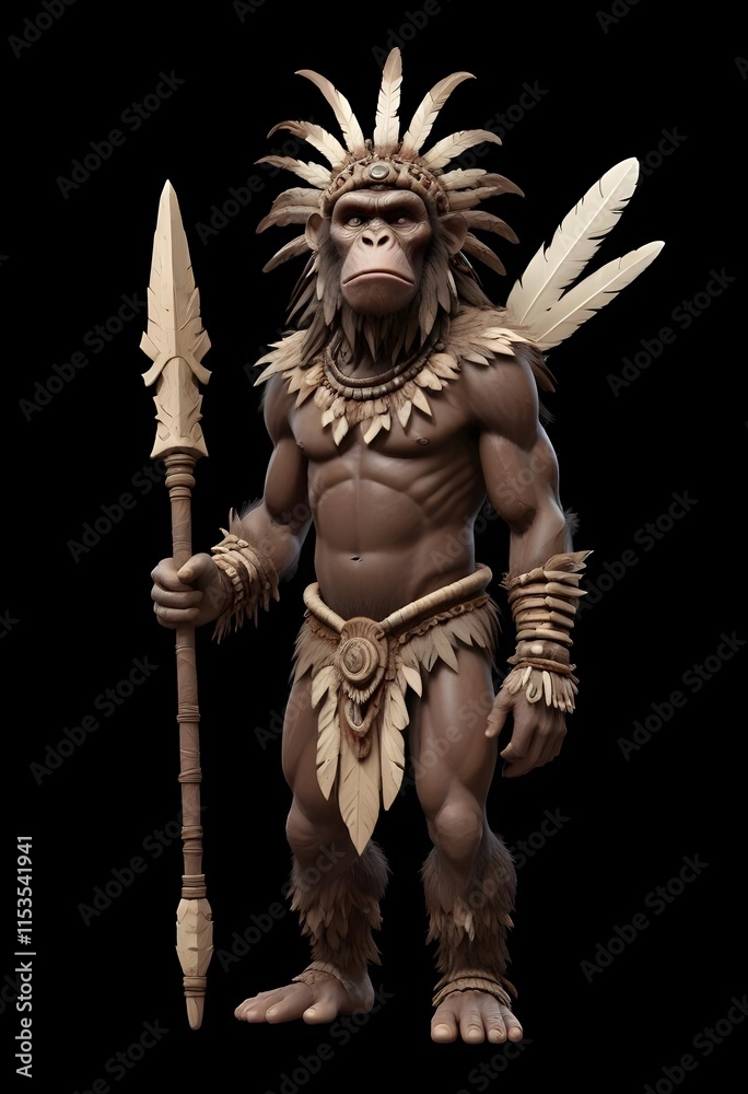 Fototapeta premium Tribal warrior ape with a wooden spear, wearing a headdress made of feathers, beads and bones , against a dark background