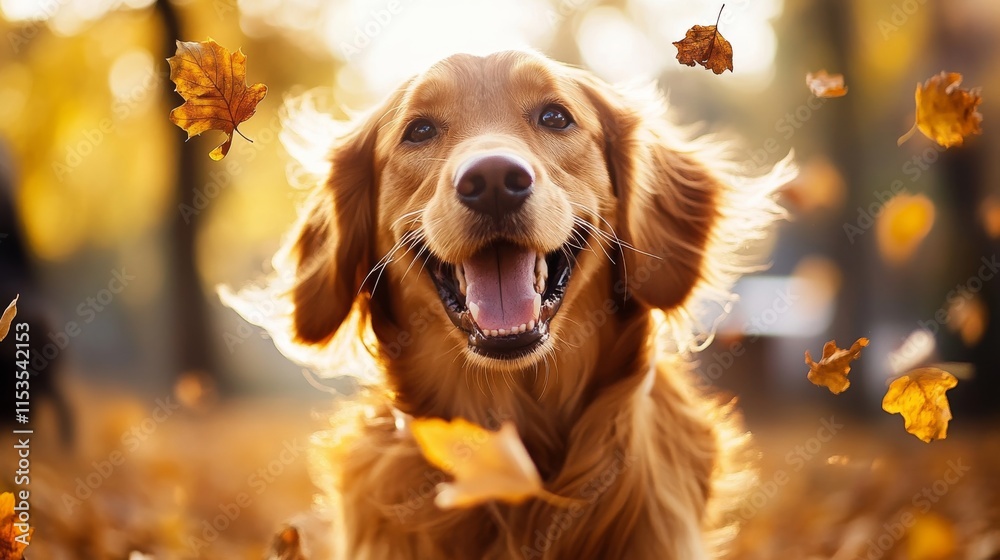 Golden retriever enjoying autumn with falling leaves in a vibrant park setting
