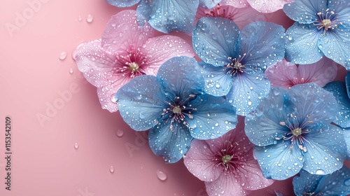 A vibrant close-up of blue and pink flowers with droplets of water on delicate petals against a soft pink background. Nature's beauty captured in detail. photo