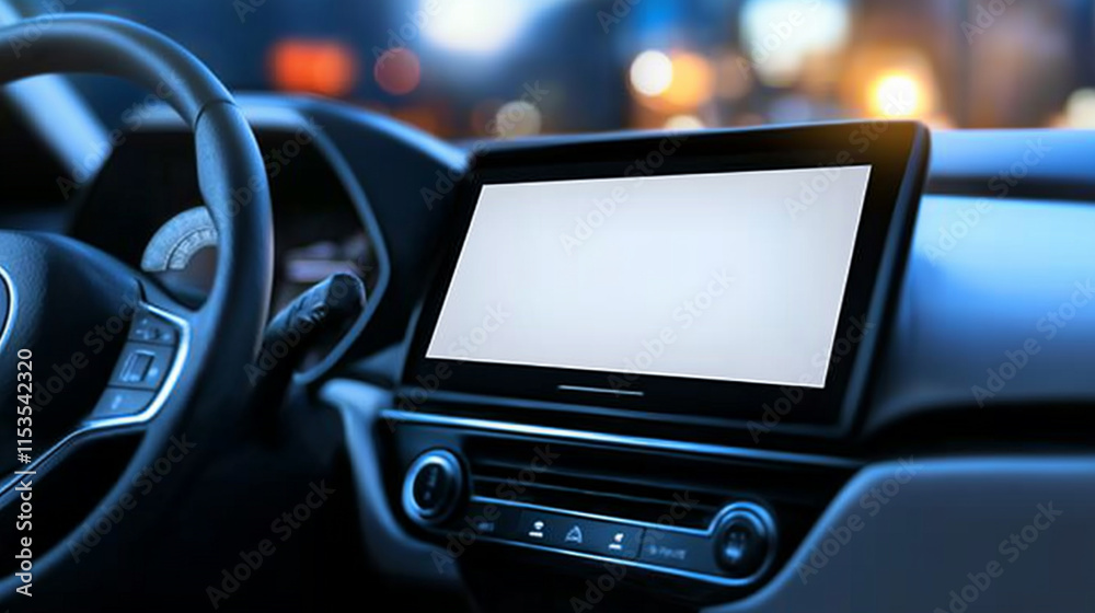 Naklejka premium A car interior featuring a sleek dashboard and a blank touchscreen display, with soft blurred city lights in the background.