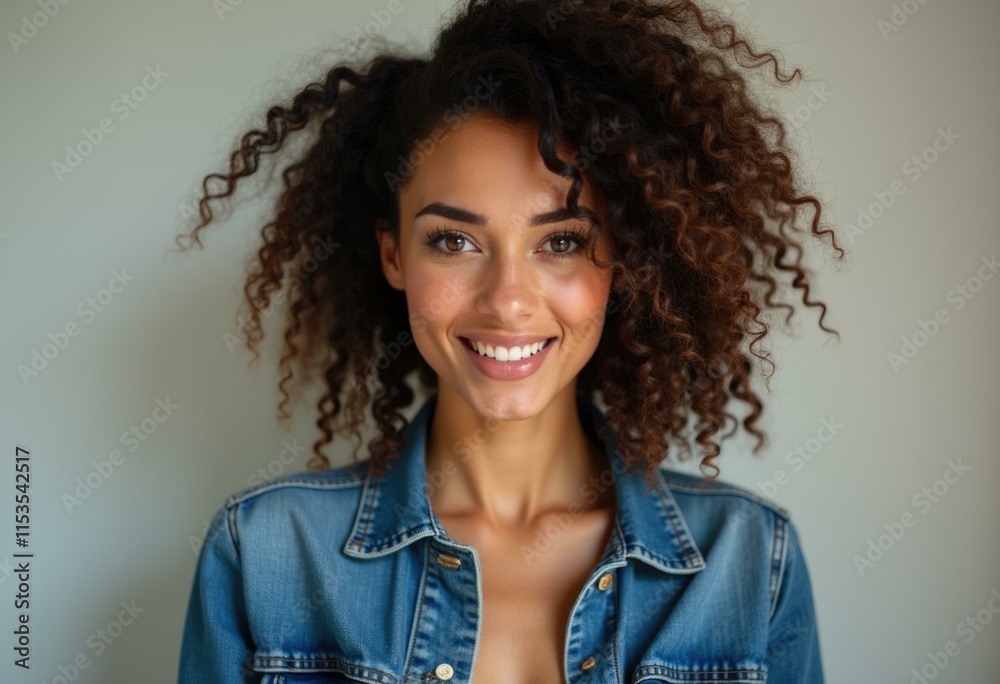 A young woman with curly brown hair smiles in a denim jacket. A young woman with curly brown hair smiles in a denim jacket.