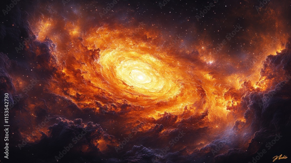 Obraz premium Fiery cosmic swirl, nebula with bright core, swirling clouds of gas and dust.