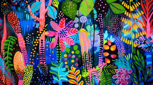 Colorful abstract floral wall art of a vibrant jungle rainforest with different plants.. Bright neon colors horizontal maximalist floral summer poster