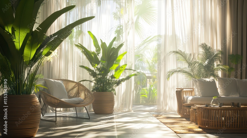 A nature-inspired living room with large potted plants, bamboo furniture, and sunlight streaming through sheer curtains A nature-inspired living room with large potted plants, bamboo furniture, and sunlight streaming through sheer curtains