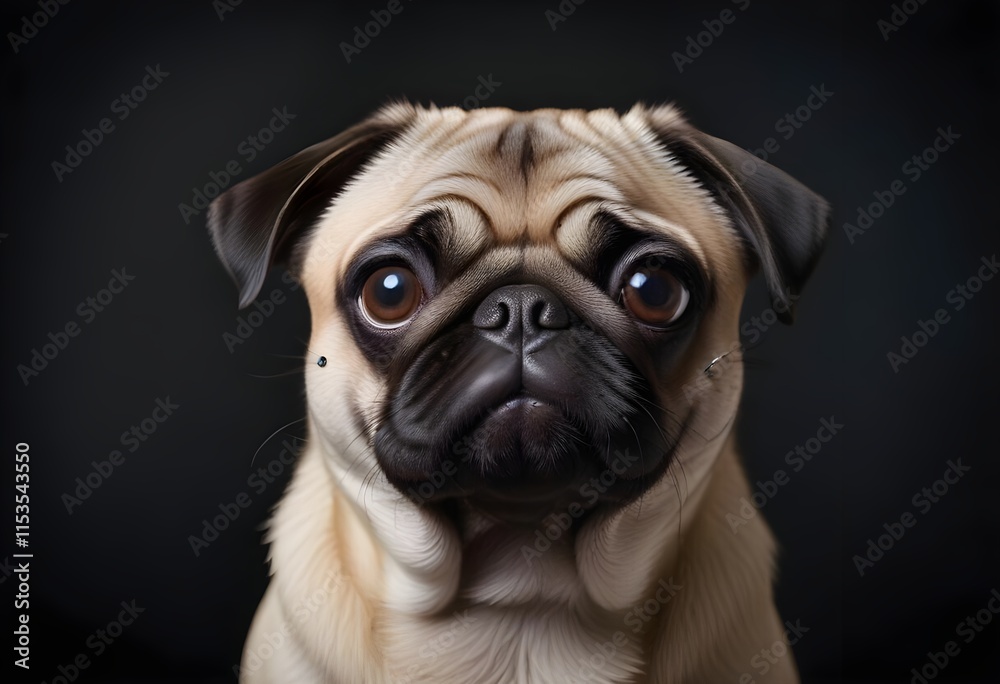 A close-up portrait of a pug dog with a curious and endearing expression, set against a dark background A close-up portrait of a pug dog with a curious and endearing expression, set against a dark background