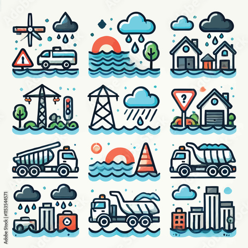 Flood icon set flat illustration vector