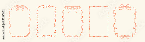 Doodle hand drawn frames with hearts, wavy lines, bows and ribbons. Coquette retro set. Trendy vintage whimsical borders for wedding invitations, birthday card, prints. Vector modern illustration.