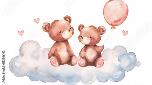 Adorable Watercolor Teddy Bears on Clouds with Balloon and Hearts