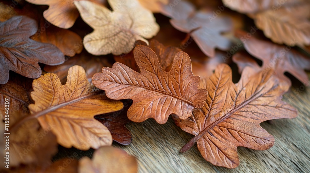 Seasonal Oak Leaves in Warm Tones on Wooden Surface Background Seasonal Oak Leaves in Warm Tones on Wooden Surface Background