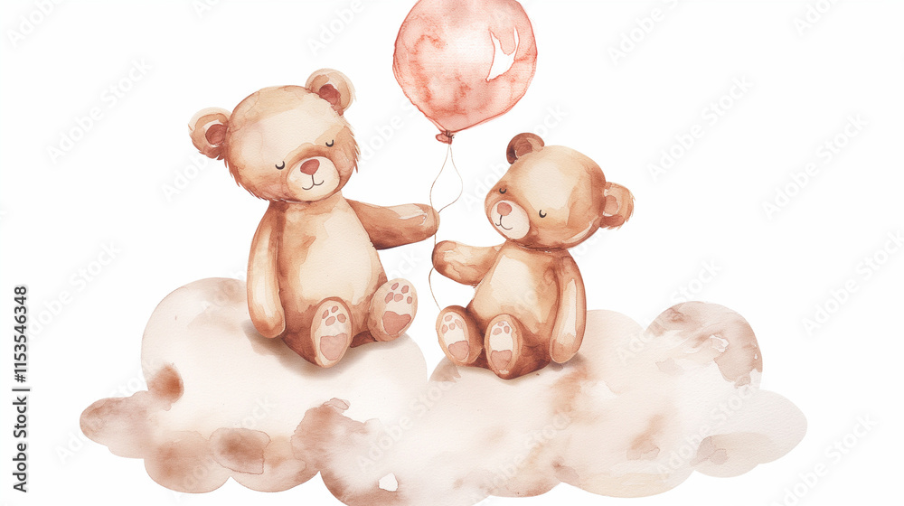 Fototapeta premium Adorable Watercolor Teddy Bears Cloud Balloon Love Romantic Art