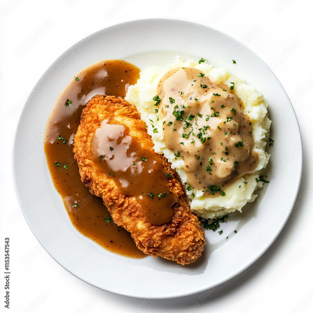 Top View of Southern Fried Chicken Breast with Mashed Potatoes and Gravy on White Dish Top View of Southern Fried Chicken Breast with Mashed Potatoes and Gravy on White Dish