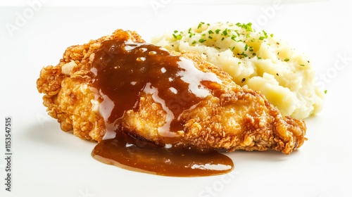 Southern Fried Chicken Breast with Mashed Potatoes and Gravy, Isolated on White Background