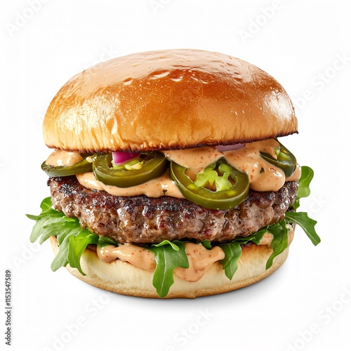 Spicy Jalapeño Burger with Pepper Jack Cheese and Chipotle Mayo on White Background photo