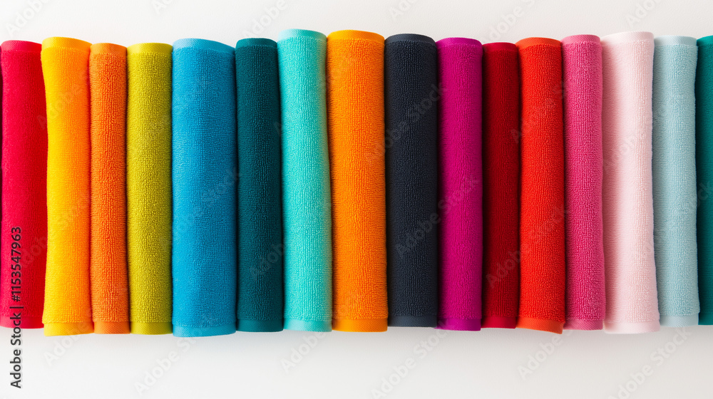 A neatly folded stack of colorful towels on a white background, emphasizing cleanliness and order. A neatly folded stack of colorful towels on a white background, emphasizing cleanliness and order.