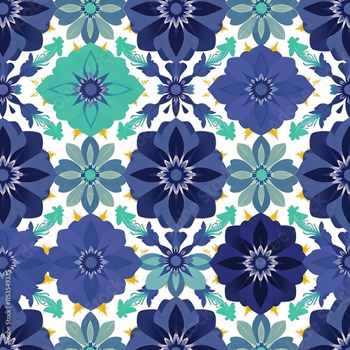 Blue and Teal Floral Tile Pattern: A vibrant seamless pattern featuring a captivating arrangement of blue, teal, and gold floral motifs.