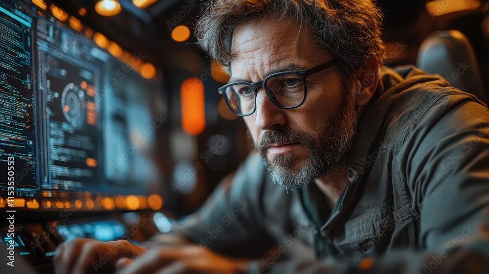 Focused Male Professional Analyzing Data on High-Tech Computer Screen with Diverse Graphs and Code in Futuristic Control Room Environment Focused Male Professional Analyzing Data on High-Tech Computer Screen with Diverse Graphs and Code in Futuristic Control Room Environment
