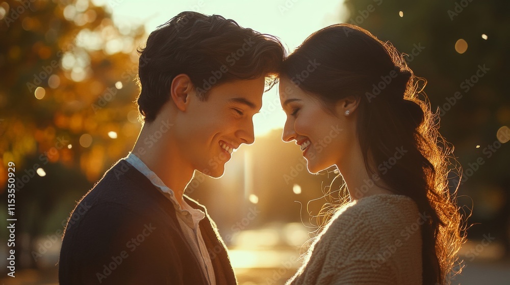 Young Couple Sharing A Tender Moment In Golden Sunlight